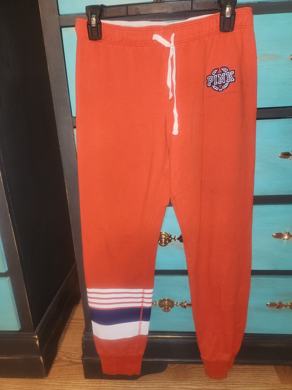 PINK Victoria's Secret Orange Track Joggers with White & Navy Stripes